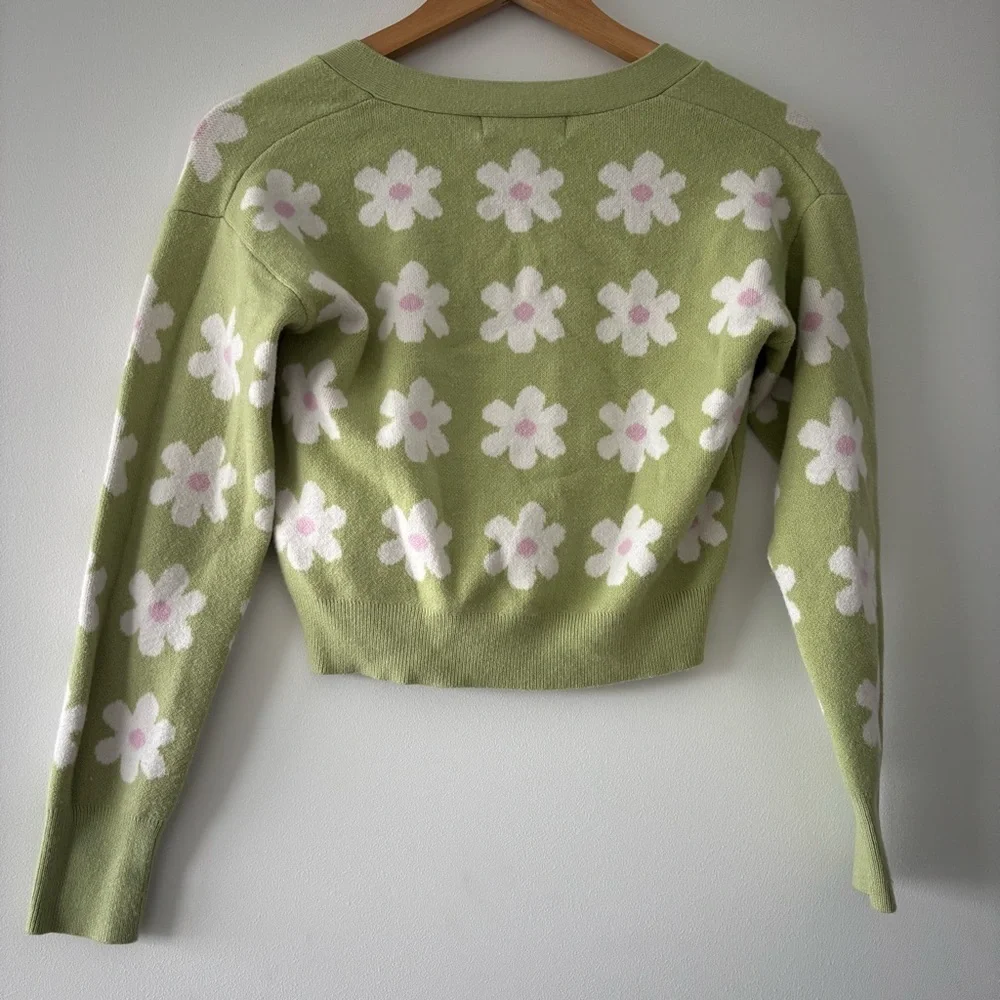 Willow & Wind Cropped Daisy Green Buttoned V-Neck Floral Retro MCM Cardigan S - Picture 6 of 7